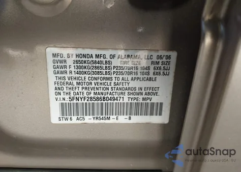 2006 Honda Pilot Ex-L from USA, damaged, VIN 5FNYF28586B049471